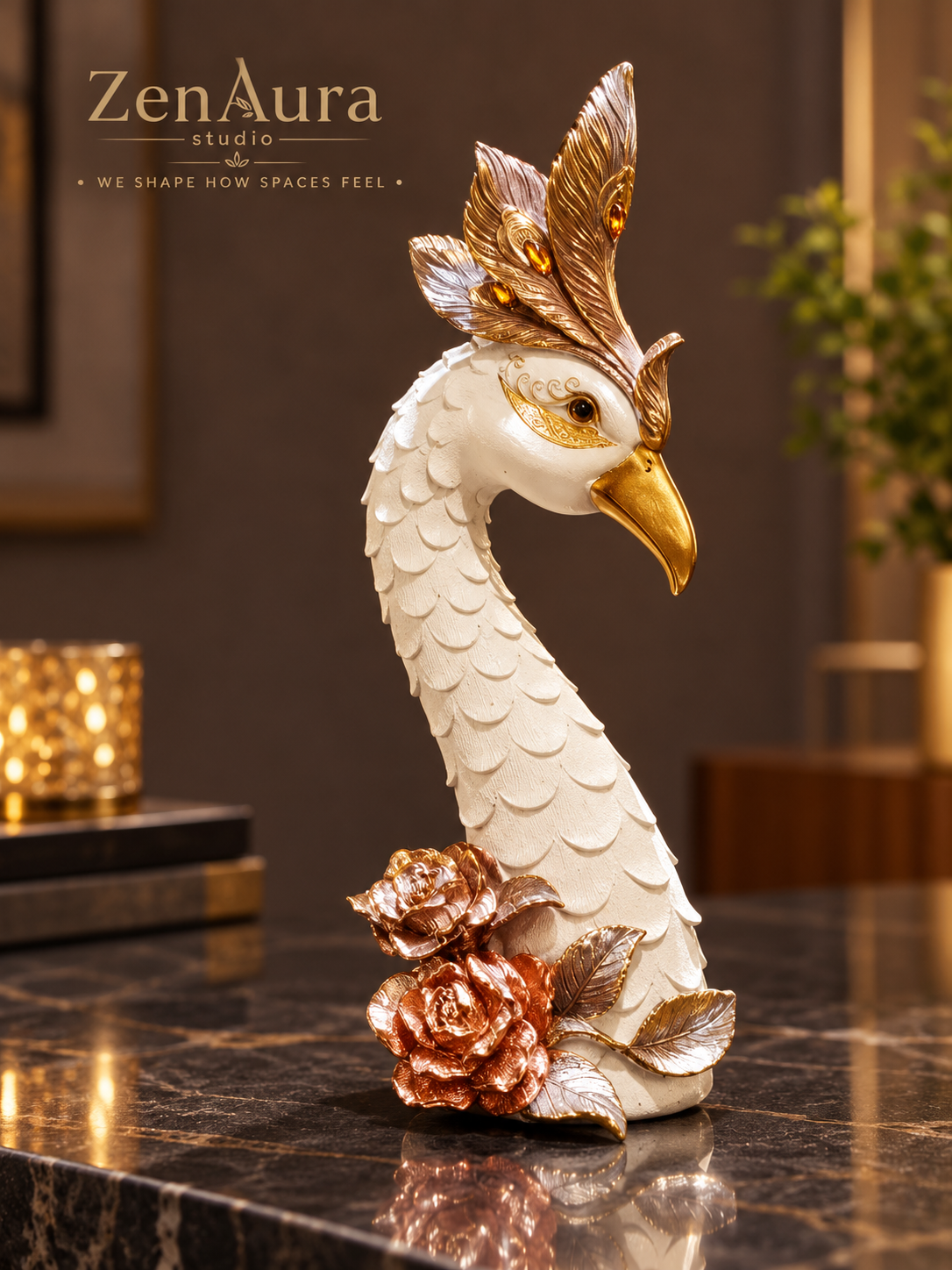 Royal Bloom Ivory & Gold Peacock Sculpture – Luxury Home Decor