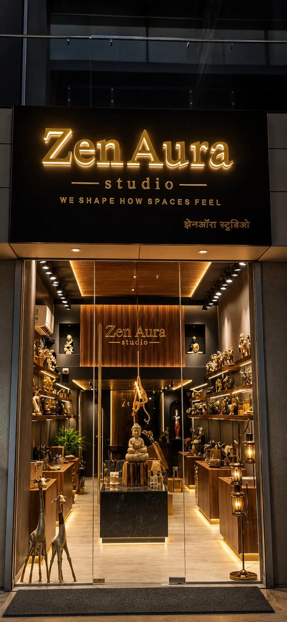 ZenAura Studio showroom with warmly lit sculpture displays and a Buddha centrepiece